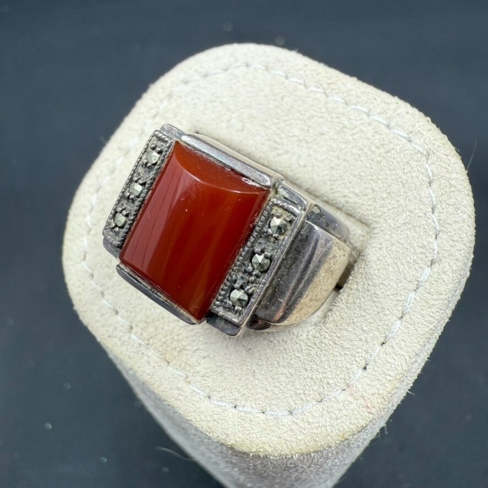 Vintage Sterling Silver‎ Carnelian & Marcasite Ring – Marked Sterling – Size 6.5 - Picture 2 of 5